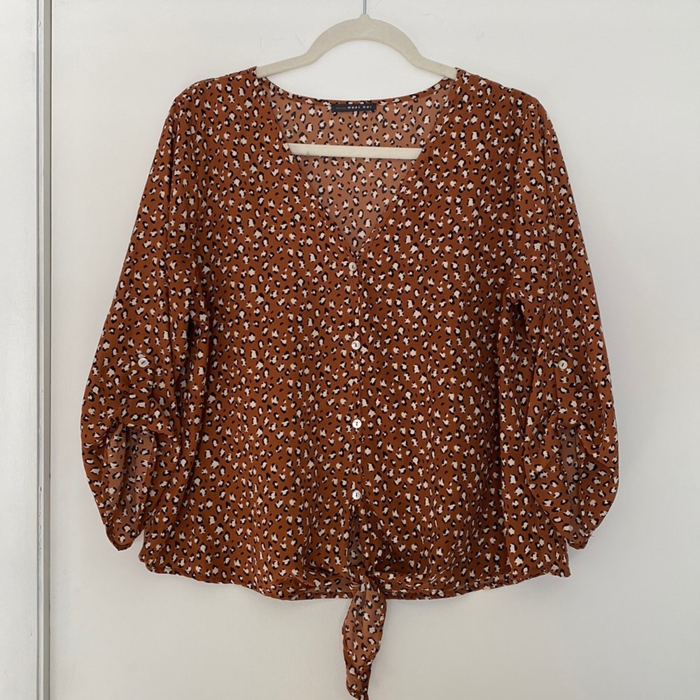 Brown Leopard blouse with tie at bottom by West Kei